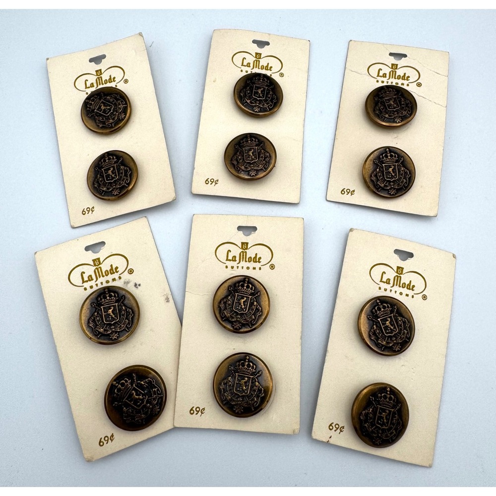 Lot of 6 Pristine VTG La Mode Heraldic Crown Crest Antique Brass Blazer Buttons